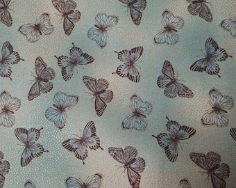 1/2 yard of 43" Black Butterfly Gold Dots on Teal 100% Cotton Fabric Butterflies Spring Summer Quilt