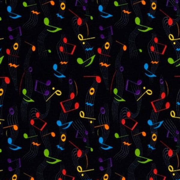 1/2 yard of 44" Multi-colored Music Notes on Black Background 100% Cotton Fabric