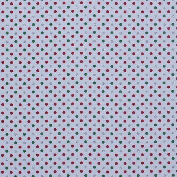 1/2 yard of 44" Red Green Silver Glitter Polka Dots on White 100% Cotton Fabric Christmas Holiday Winter