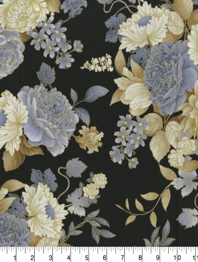 Remnant 24 x 44 Large Blue Cream Flowers Floral Gold on Black 100/% Cotton Fabric Spring Summer Quilt