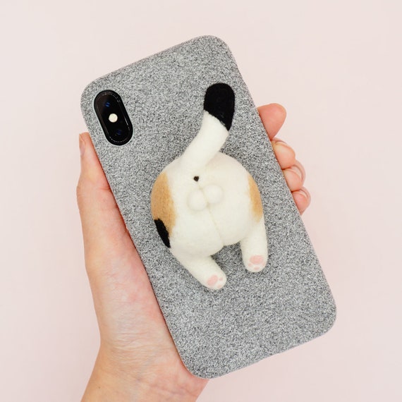 Needle Felted Spotted Cat Butt Phone Case Wool Felted Calico Cat
