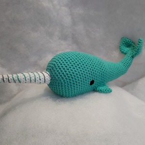 Crochet Narwhal Plushie: Handmade Jade Green Whale Soft Toy