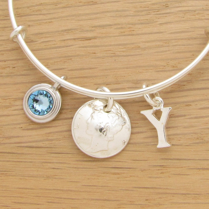 1934 US Dime Coin Bangle Wire Bracelet with optional letter charm
