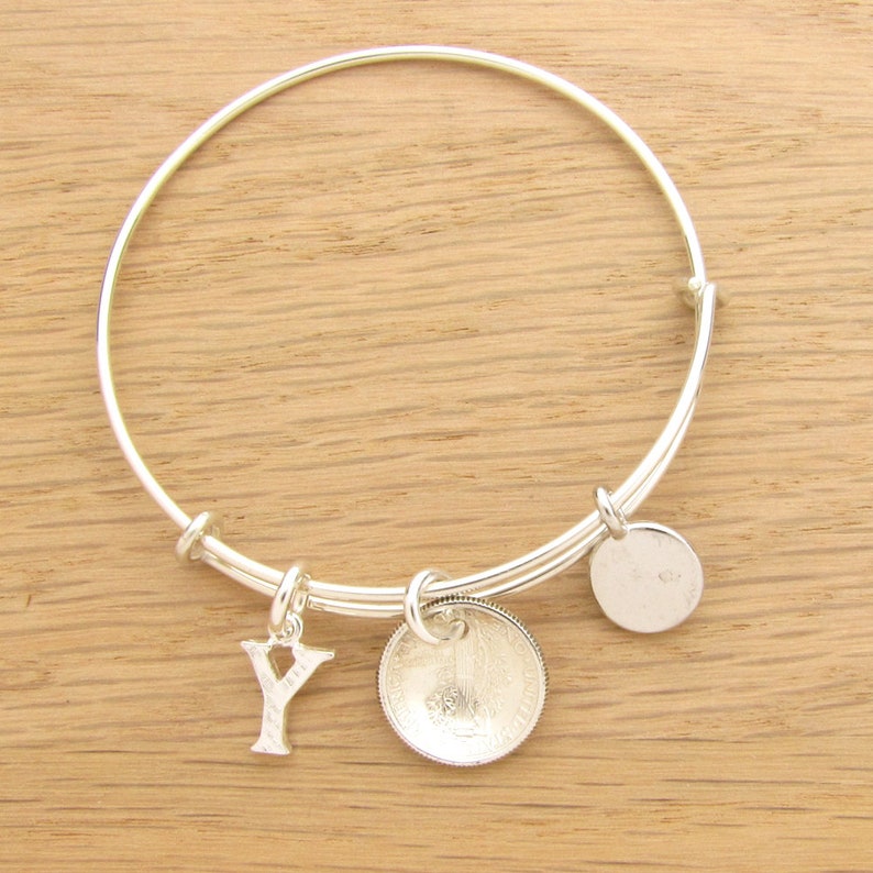 1934 US Dime Coin Bangle Wire Bracelet with optional letter charm