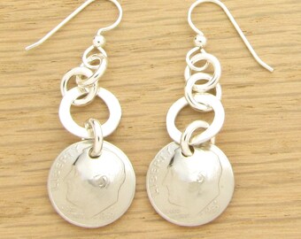 1968 US Dime Earrings with Silver Rings