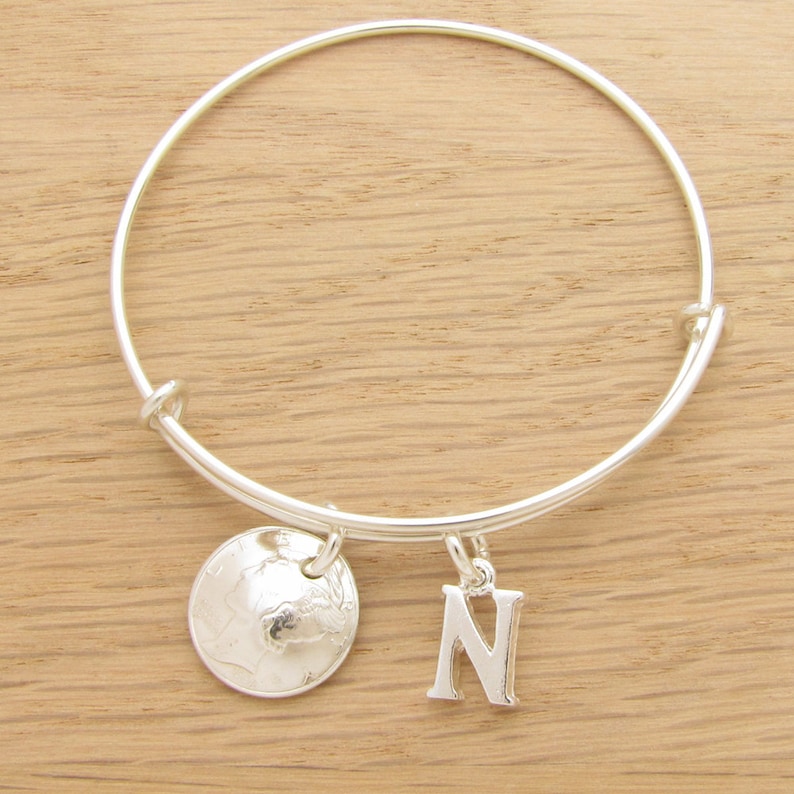 1934 US Dime Coin Bangle Wire Bracelet with optional letter charm