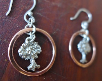 Family Tree Earrings Fine Silver, Copper Ring, Sterling Silver Ear Wires