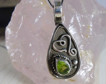 Peridot Tear Drop and Heart necklace Sterling Silver
