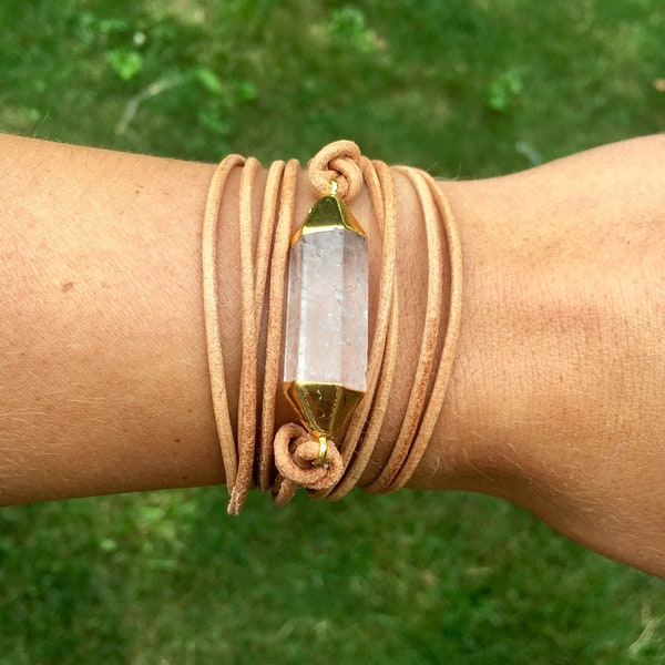 Wrapped Leather Bracelet with White and Gold Bead - Handmade Leather Bracelet with Long White and Gold Bead - Stackable, Boho, Gift For Her