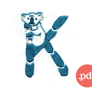 Koala broderimönster • K monogramlapp (PDF-mönster)