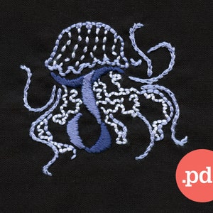 J for Jellyfish • hand embroidery pdf pattern • J monogram patch • DIY stitch • J initial • beginner modern embroidery • personalized letter