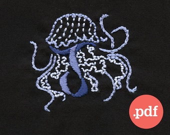 Jellyfish Hand Embroidery Pattern • J Monogram Initial (PDF)