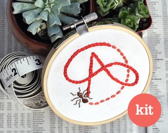 A for Ant • beginner hand embroidery kit • A initial monogram • modern embroidery starter kit • DIY stitch sampler • sew alphabet book