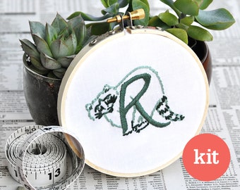 Raccoon Embroidery Kit • R Monogram, Beginner Stitch DIY