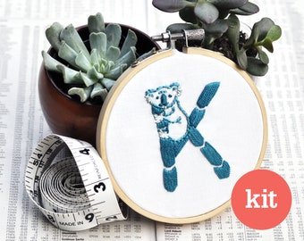 K for Koala • beginner hand embroidery kit • K monogram modern embroidery starter kit • animal DIY stitch kit • K initial personalized gift