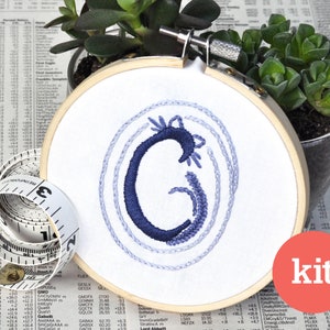 Op de afbeelding: Een close-up van een blauwe en witte borduurring met de letter "C" geborduurd in het midden. De ring is omgeven door een houten frame en ligt op een krantenachtergrond. Het woord "kit" is zichtbaar in de rechterbenedenhoek van de afbeelding.