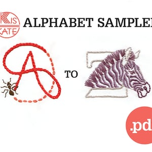 Alphabet Sampler, hand embroidery animal alphabet, beginner embroidery baby initials, monogram pdf patterns, crewel letters, DIY ABC craft