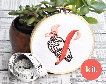 V is for Vulture Embroidery Kit • Beginner DIY Stitch, Monogram Patch