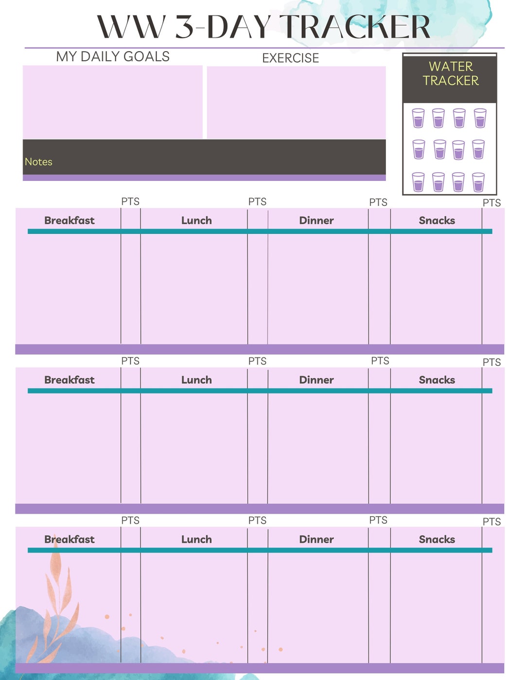 Weight Watcher's 3day Food Tracker, Log Digital, Printable Etsy