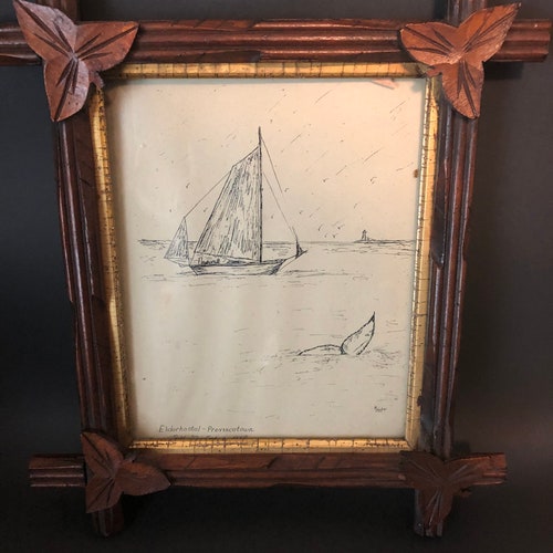 Pen/Ink Print in Carved Wood retailer Leaf Cornered Frame