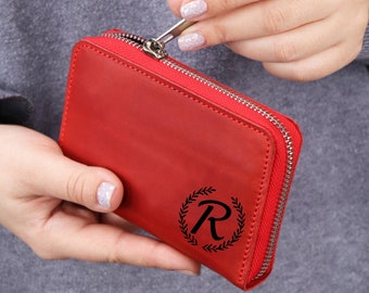 Engraved Leather Wallet / Minimalist Women Wallet/ Small Credit Card Holder / Red Coin Purse / Compact Pocket Wallet / Zip Around Wallet