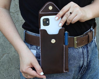 Leather Phone Holster With Belt Clip/ Holder For iPhone XS/11/12/13/14/Pro/Max/ Leather Pen And Phone Holder/ Handmade Men Case For Samsung