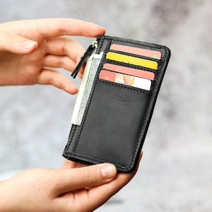 Genuine Leather Credit Cards Wallet, Handmade Slim Cards Holder, Black Front Pocket Wallet, Personalized Coin Purse, Pocket Wallet for Men