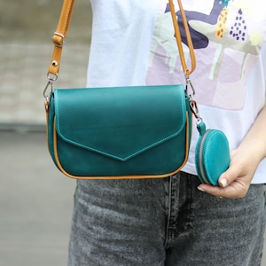 Handmade Leather Shoulder Bag With Zip Around Coin Purse, Genuine Leather Cute Crossbody Bag, Small Leather Shoulder Purse Two-Tone Side Bag