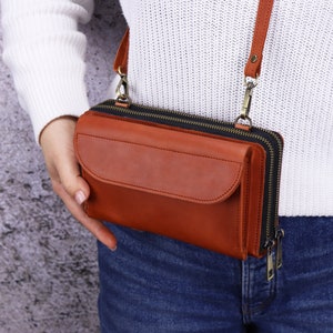 Handcrafted Leather Double Zippered Phone Purse, Leather Small Dual Crossbody Bag, Natural Leather Shoulder Wallet with Front iPhone Pocket