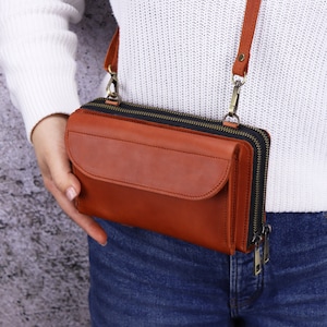 Small Shoulder Bag For Women/ Leather Crossbody Clutch for iPhone 14/ Double Zipper Wallet with Strap/ Brown Bag with Built in Wallet