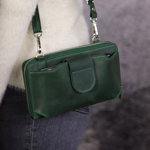 Leather Crossbody Bag for iPhone 12 / 13 / 14 / 15 Pro Max Shoulder Phone Wallet / Handmade Bag / Travel Zip Wallet / Shoulder Strap Purse image 1