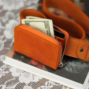 Genuine Leather Belt Earphone Zip Case, Purse with Belt Loop, Zip-Around Wallet, Travel Key Case for Belt, Handmade Small Pouch for Belt