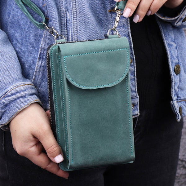 Leather iPhone 14 Pro Max Crossbody Wallet/ Women's Zip shoulder Bag/Crossbody Phone Bag/Small Crossbody Turquoise Purse/Personalized Clutch