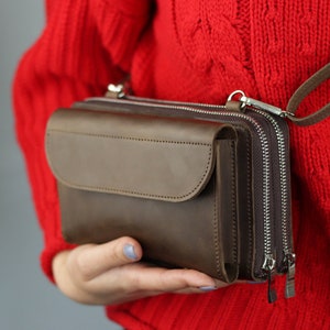 Handmade Double Leather Zip Around Wallet Purse, Leather Shoulder Small Purse with Pocket for iPhone,  Leather Crossbody Phone Wallet Bag