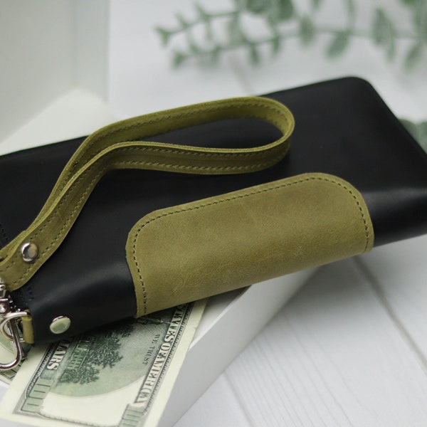 Portefeuille long en cuir pour cartes de crédit avec bracelet / Portefeuille zippé fait main pour homme / Porte-monnaie personnalisé pour téléphone / Porte-monnaie en cuir pour téléphone
