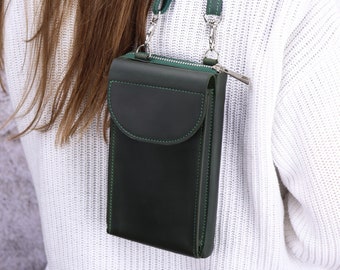 Leather Crossbody Wallet for Women/Shoulder Zip Bag for Cell Phone/Personalized iPhone 15 Case Purse/Long Green Clutch/Small Crossbody Bag