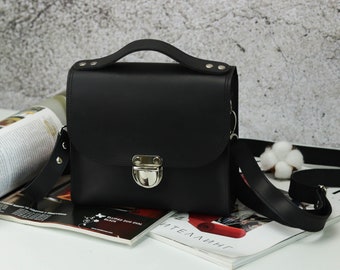 Mini Shoulder Black Tote Bag/ Black Leather Top Handle Bag / Elegant Handbag / Small Crossbody Bag for Women / Minimalist Evening Bag
