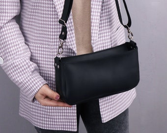 Elegant Bag for Women/ Leather Bag with Shoulder Strap/ Casual Womens Handbag/ Personalized Zippered Purse/ Black Crossbody Messenger Bag
