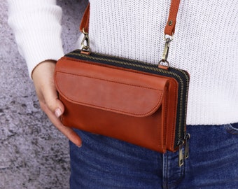 Small Shoulder Bag For Women/ Leather Crossbody Clutch for iPhone 14/ Double Zipper Wallet with Strap/ Brown Bag with Built in Wallet