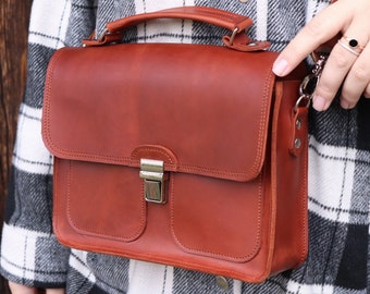 Handmade Leather Documents Briefcase /Small Top Handle Bag / Brown Shoulder Handbag / Mini Leather Satchel Bag / Personalized Crossbody Bag