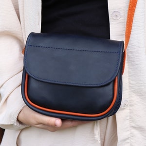 Leather Small Crossbody Bag/Half Round Shoulder Bag/Blue & Orange Leather Mini Bag/Personalized Leather Purse for Women/Minimalist Handbag