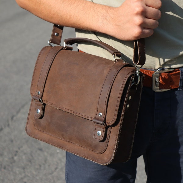 Small Leather Briefcase with Shoulder Strap/ Top Handle Satchel for Men/ Blue Messenger Bag/ Leather Crossbody Bag/ Shoulder Documents Bag