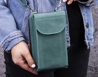 Leather iPhone 14 Pro Max Crossbody Wallet/ Women's Zip shoulder Bag/Crossbody Phone Bag/Small Crossbody Turquoise Purse/Personalized Clutch