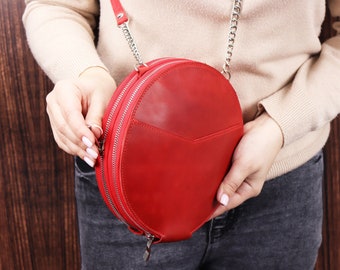 Handmade Double Leather Round Crossbody Wallet/ Women Double Zip Circule Bag With Card Slots/ Shoulder iPhone Bag/ Women Circle Clutch Purse