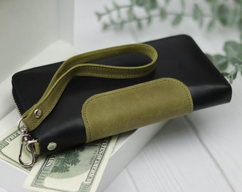 Leather Long Credit Card Wallet with Wristlet/ Handmade Zip Around Wallet For Men /Personalized Purse For Phone/ Leather Phone Wallet Purse