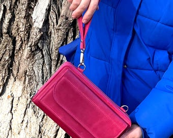 Personalized Leather Crossbody Travel Wallet Phone Bag: Crazy Horse RFID Shoulder Double Zipper Purse
