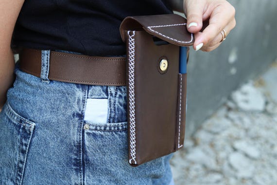 Handcrafted Leather Phone Case & Metal Belt Clip, Individually Handmade Custom Size Smartphone Holder