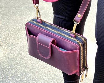 Crazy Horse Leather Crossbody iPhone Wallet: RFID Blocking, Handmade Personalized Shoulder Double Zipper Purse