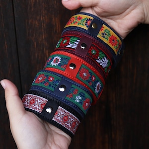 Leather Wristband with Fabric Insert, Engraved Bracelet With Embroidery, Personalized Extravagant Handmade Cuff Bracelet Individual Bracelet