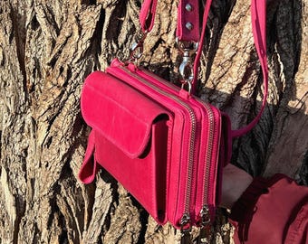 Personalized Leather Crossbody Travel Wallet Phone Bag: Crazy Horse RFID Shoulder Double Zipper Purse